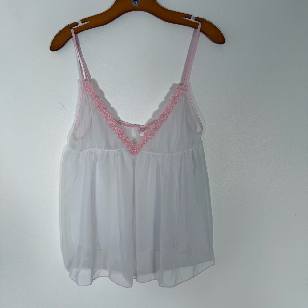 White Sheer Babydoll Top Coquette 3D Rose Trim Delicate Dainty Flowy Angel OS